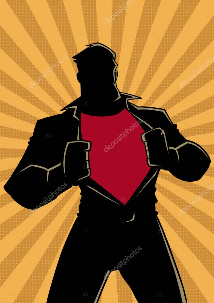 Silhouette illustration of businessman revealing his true identity of powerful superhero
