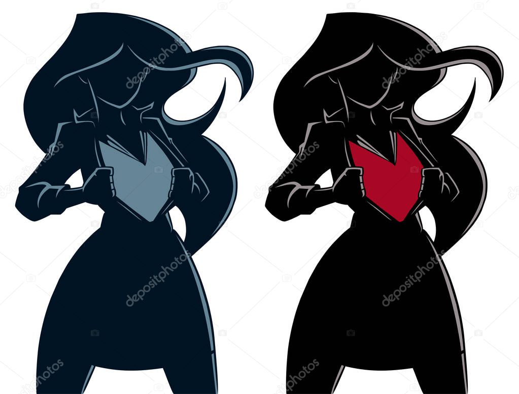 Silhouette illustration of businesswoman revealing her true identity of powerful superheroine.