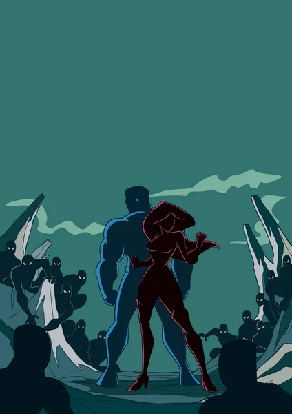 Драматическая Вымышленная Сцена Супергероиней Храбрым Могущественным Партнером Стоящим Вместе Против — стоковый вектор