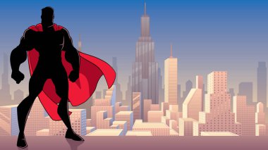 Silhouette of superhero standing tall on city background with copy space. clipart