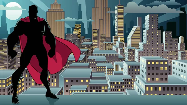 Sylwetka superhero stojący Night City — Wektor stockowy