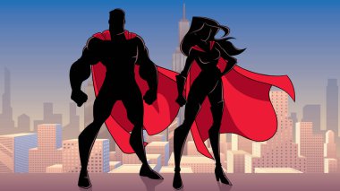 Illustration of silhouette superhero couple, standing tall on rooftop above city. clipart