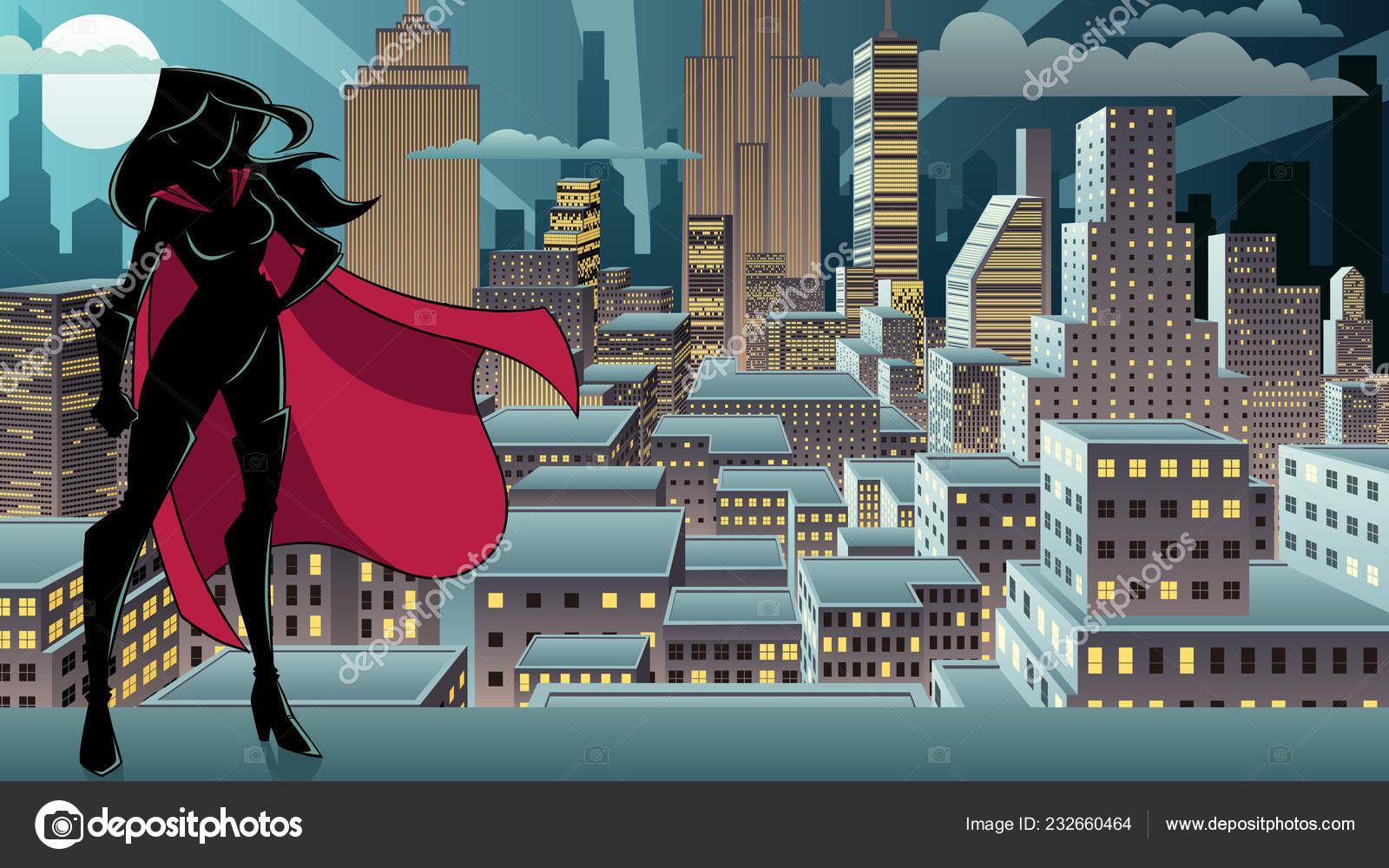 Silhueta Super Heroína: Super Heroína Sobre O Fundo Da Cidade. Royalty Free  SVG, Cliparts, Vetores, e Ilustrações Stock. Image 36953257