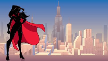 Superheroine ayakta uzun şehir silueti