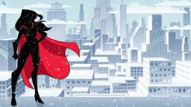 Superheroine ayakta uzun kış siluet