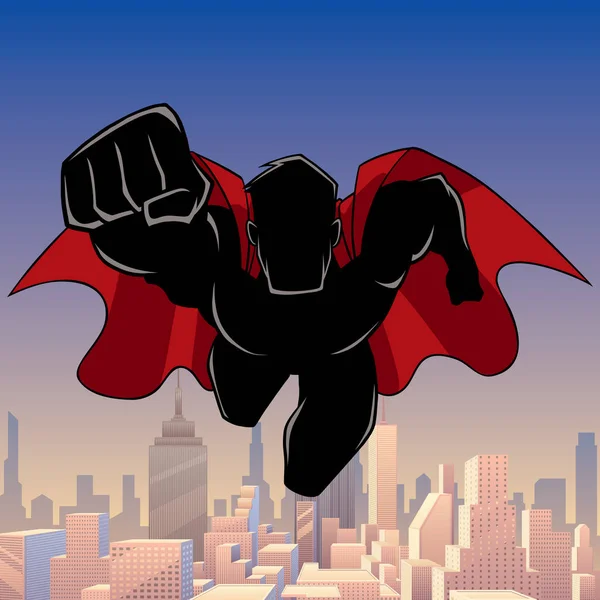 Superheld kommt Stadtsilhouette — Stockvektor