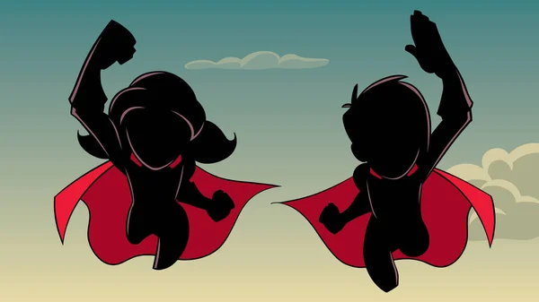 Jongen en meisje vliegen silhouet — Stockvector