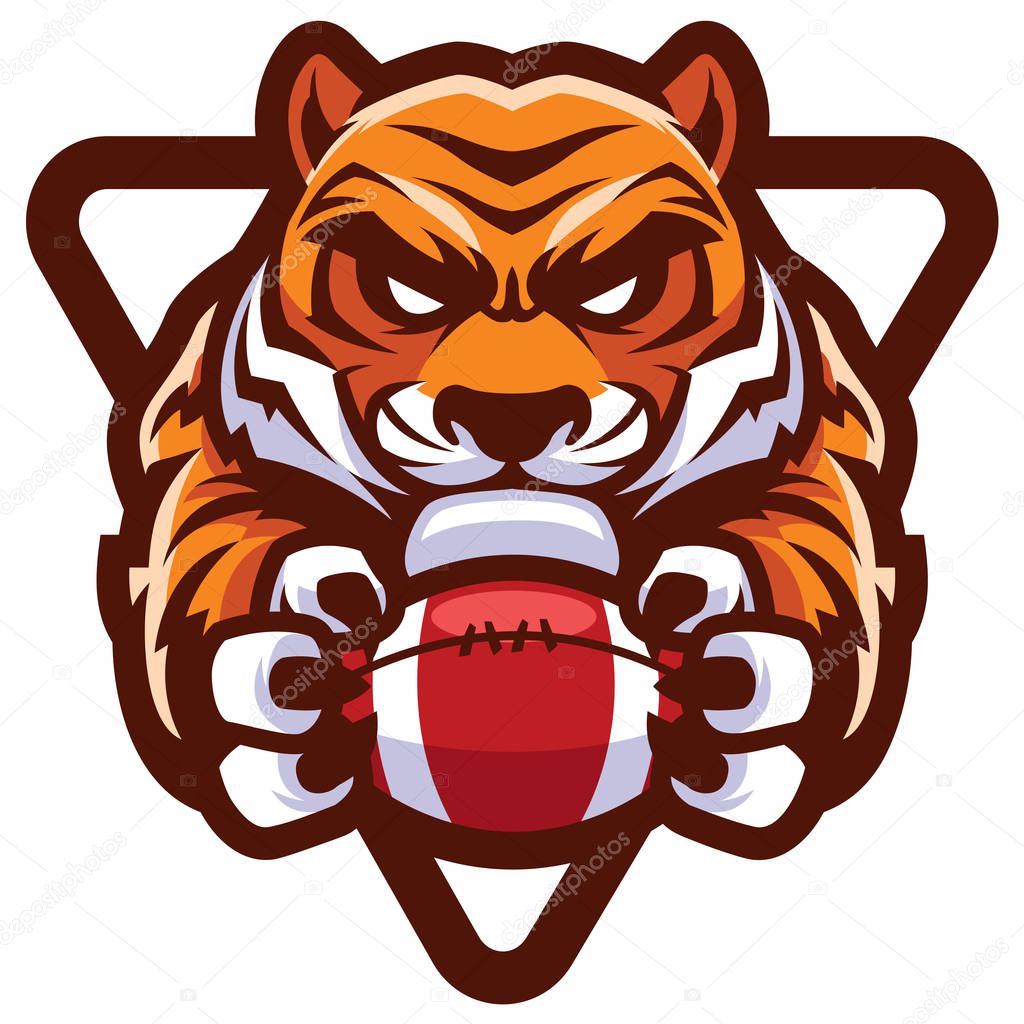 Team mascot with determined tiger holding American football ball.
