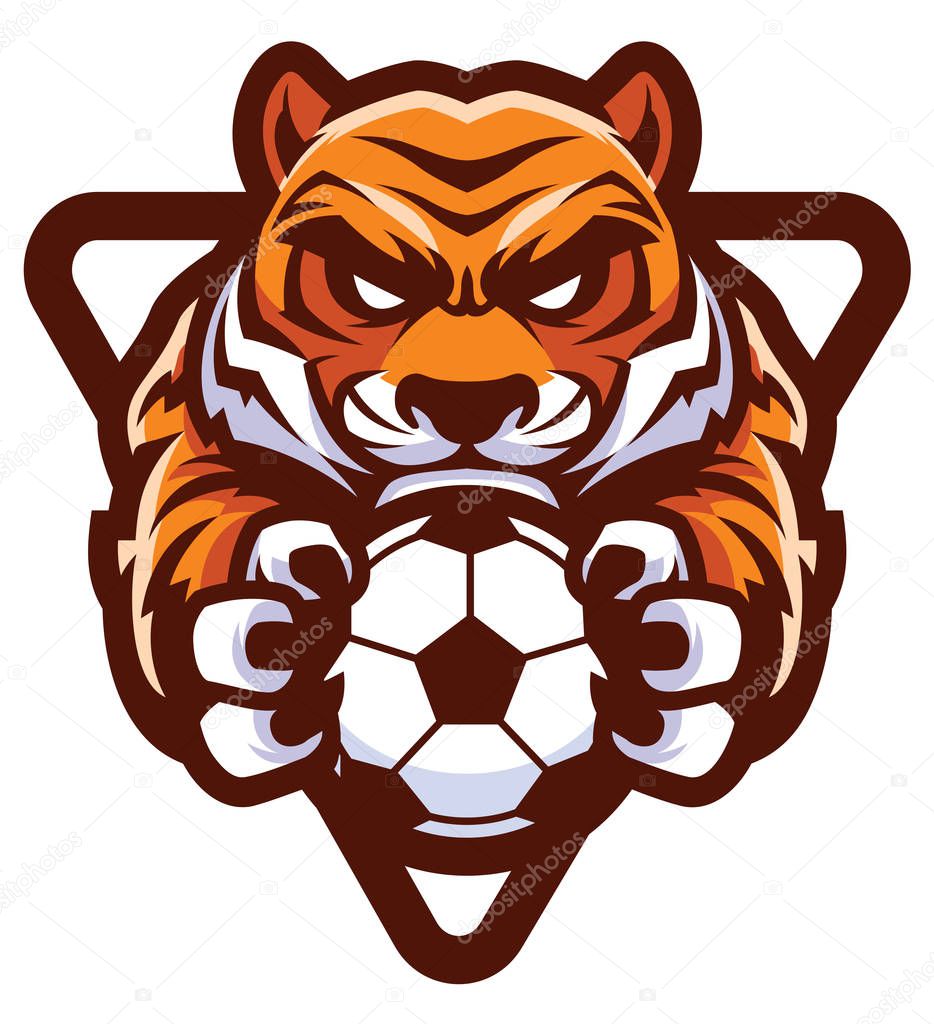 Team mascot with determined tiger holding football or soccer ball.
