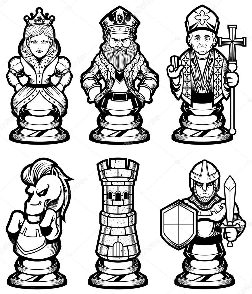 Set of black and white cartoon chess piece characters or mascots, including pawn, rook, knight, bishop, queen and king. Also check the colored version of the figures in my portfolio.