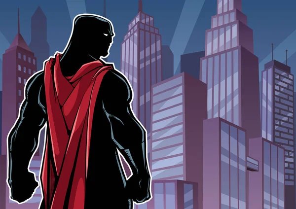 Супергерой снова в силуэте города — стоковый вектор