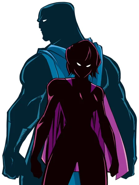 Superhero Couple Back to Back Silhouette — Stock Vector