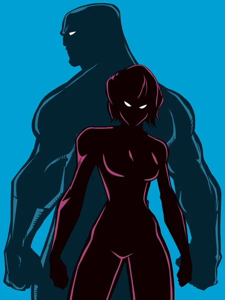 Superheld paar rug aan rug silhouetten — Stockvector