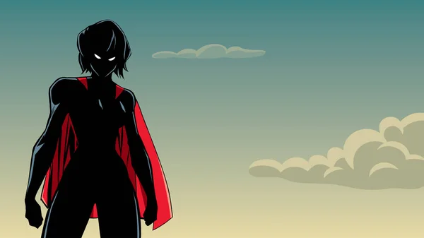 Superheroine savaş modu gökyüzü siluet — Stok Vektör