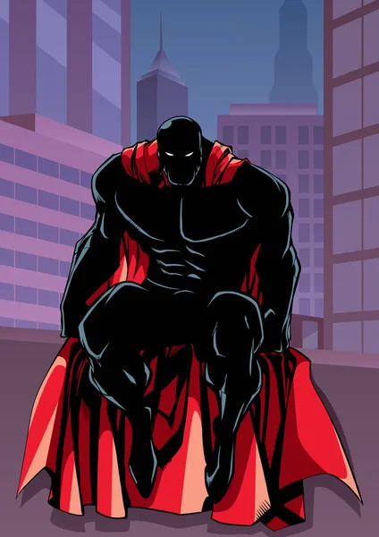 Superheld sitzt in Stadtsilhouette — Stockvektor