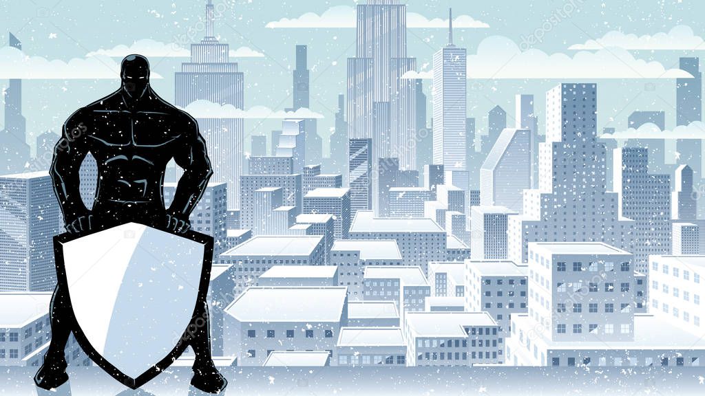 Superhero Holding Shield Winter City Silhouette