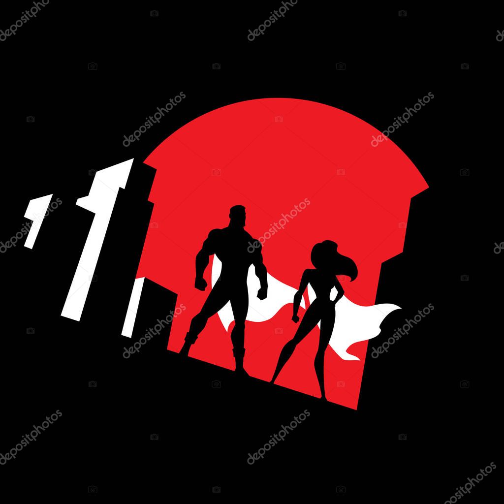 Superhero couple watching over the city from the roof of a tall building at night.