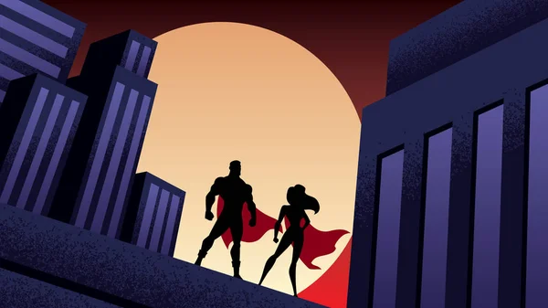 Νύχτα superhero πόλη ζευγάρι — Διανυσματικό Αρχείο