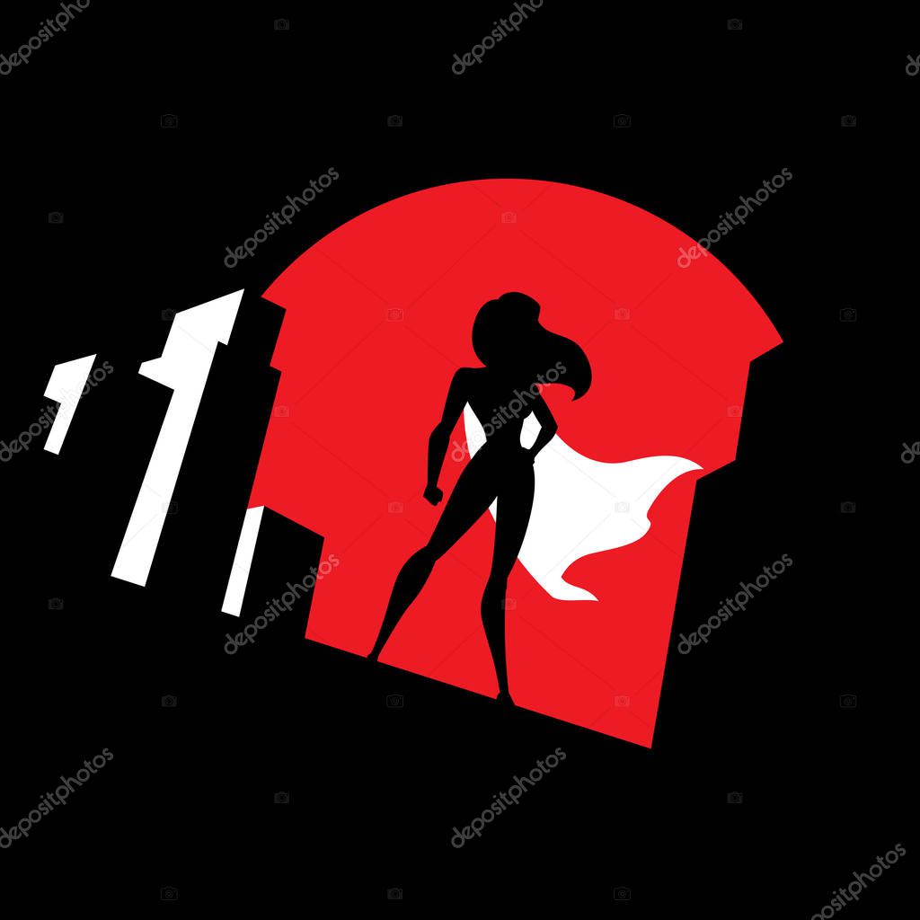 Superheroine watching over the city from the roof of a tall building at night.