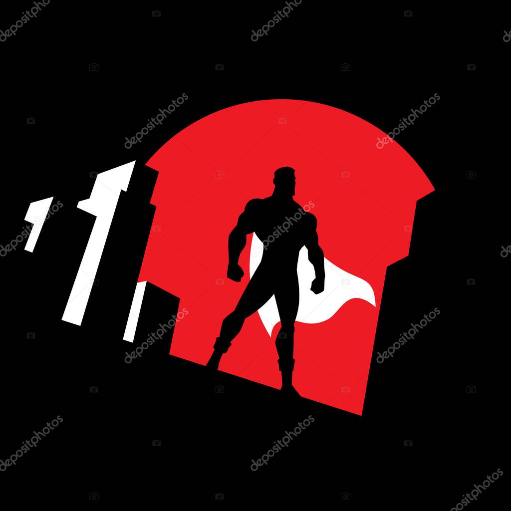 Simple illustration of superhero watching over the city from the roof of a tall building at night.
