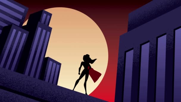 Animación nocturna de la ciudad de Superheroine — Vídeo de stock