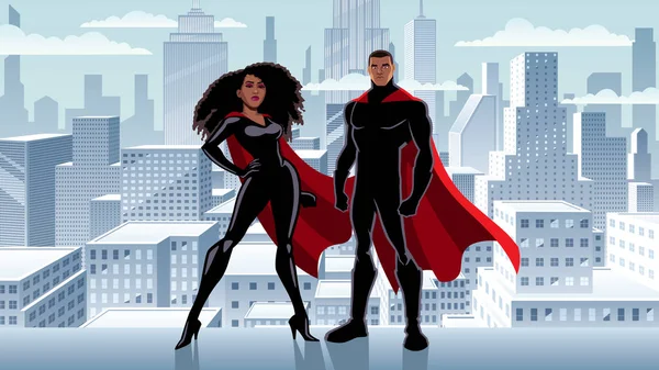 Superhero Couple Black City Winter — Stock Vector