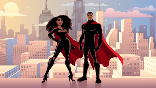 Superheldenpaar schwarzer Tag in der Stadt — Stockvektor