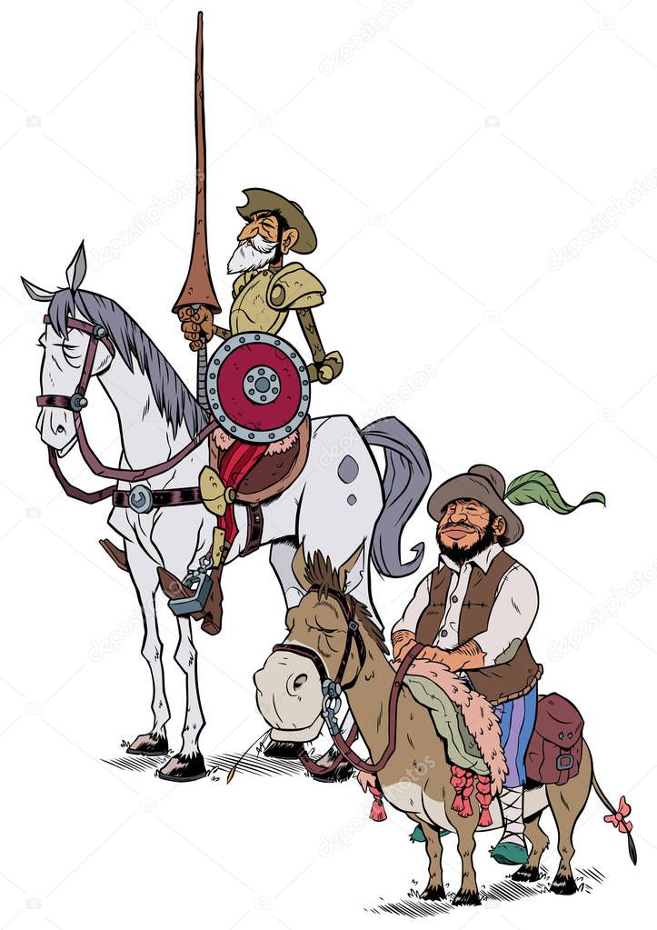 Don Quixote and Sancho Panza on White