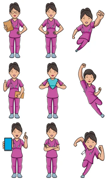 Krankenschwester asiatisch weiblich set — Stockvektor