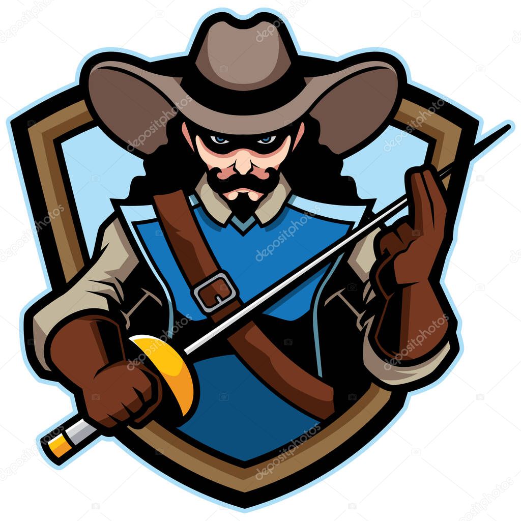 Cartoon mascot or logo with cartoon musketeer.