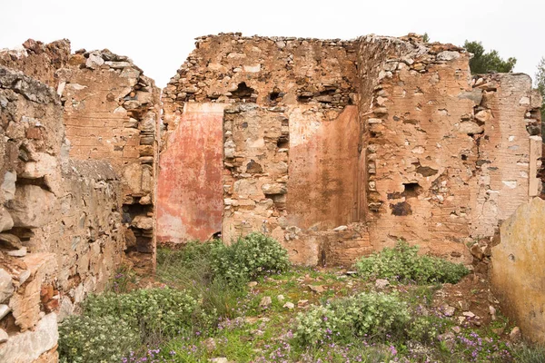 Stara Cegła Czerwony Kamienne Ściany Opuszczone Domy Tle Tekstura — Zdjęcie stockowe