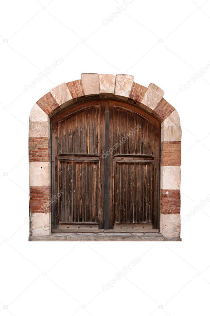 Old heavy wooden gate / door , on white background.