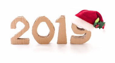 2019, el yapımı 3d numaraları ile dokuz, beyaz zemin üzerine kırmızı şapka Noel Baba'nın yeniden kullanılan karton kağıt yapılmış.
