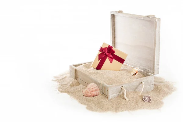 Opened Wooden Chest Gift Box Seashells Sand White Background — Stock Photo, Image