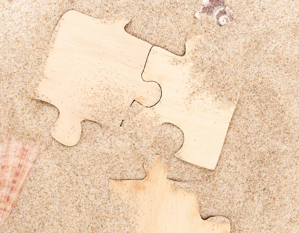 Three pieces of blank wooden puzzle , on sandy background with seashells.