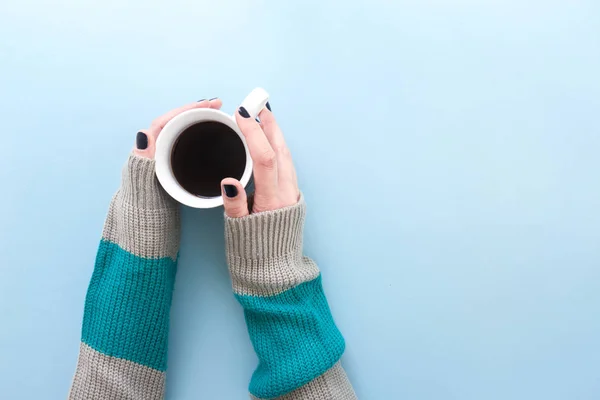 Hands Holding Cup Freshly Brewed Black Coffee Flat Lay Blue — Stock Photo, Image