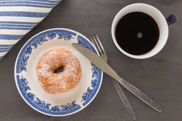 Cup Coffee Plate Sugar Coated Doughnut Other Breakfast Objects Tabletop — Stock Photo, Image