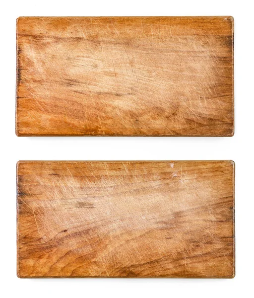 Two used scratched wooden cutting boards, on white background. — Stock Photo, Image