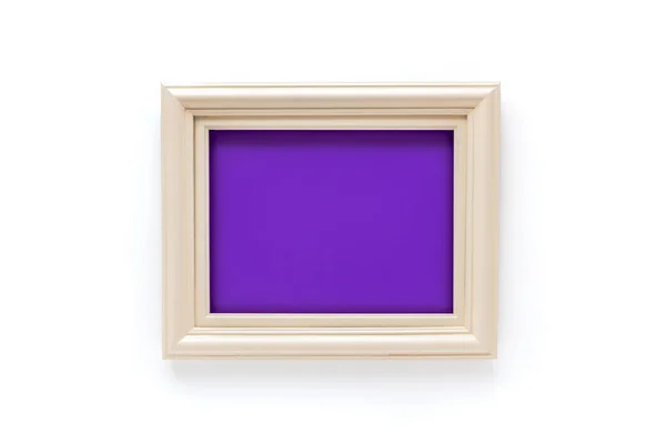 White retro old picture frame with blank purple space inside, on white background. — Stock Photo, Image