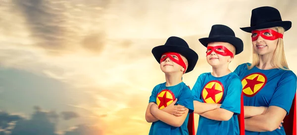 Mother Children Superheroes Costumes — Stock Photo, Image