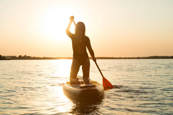 Junge Sexy Frau Schwimmt Auf Stand Paddle Brett Wassersport Aktiver — Stockfoto