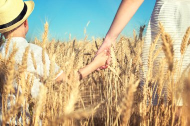 Anne ve oğlu tutan eller ve stand buğday hasat arıyorsunuz.