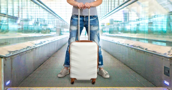 Woman Holds White Suitcase Hands Rides Escalator — Stock Photo, Image