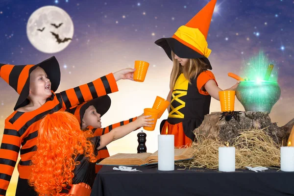 Halloween Häxan Förbereder Potion Och Med Dina Vänner — Stockfoto