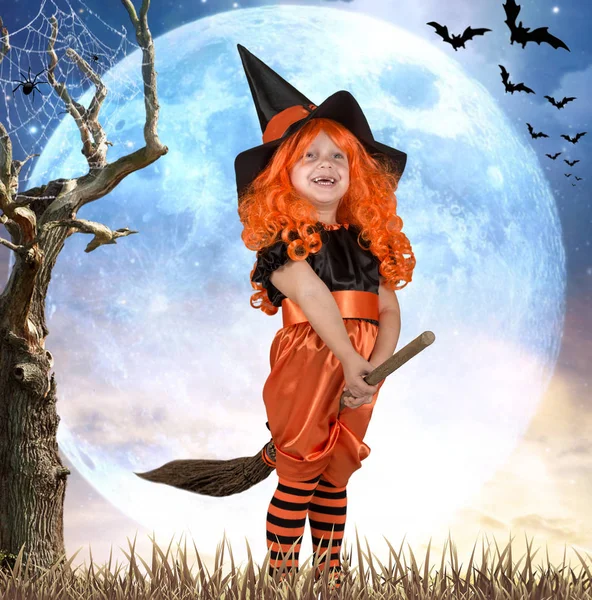 Halloween Little Girl Costume Witch Flying Broom Sky Stock Picture