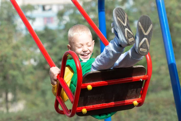 Boy Riding Swing Happy Weekend — Stock Photo, Image