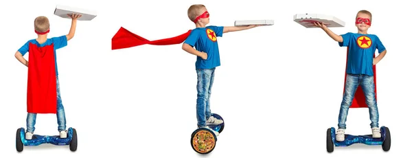 Superhjälten Levererar Pizza Snabb Leverans Collage — Stockfoto