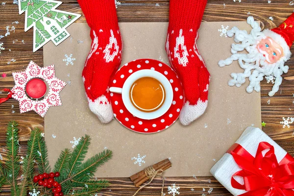 Wooden Background Christmas Decorations Woman Holding Cup Hot Tea Xmas — Stock Photo, Image