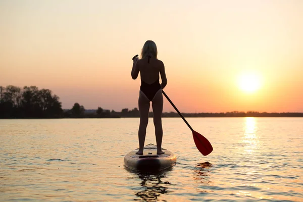 Jovem Mulher Sexy Nadando Stand Paddle Board Water Esportes Estilo — Fotografia de Stock