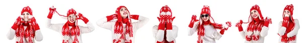 Fille Dans Chapeau Tricoté Écharpe Mitaines Rouge Avec Motif Blanc — Photo